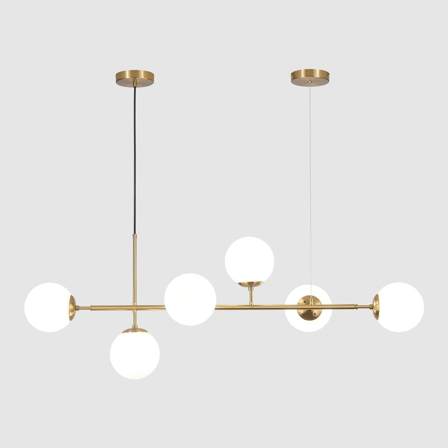 KCO Lighting Modern Globe Linear Chandelier 6 Light Milk Glass Chandeliers White and Gold Pendant Light Fixture Mid Century Rectangle Chandelier Brass Sputnik Island Lights for Kitchen
