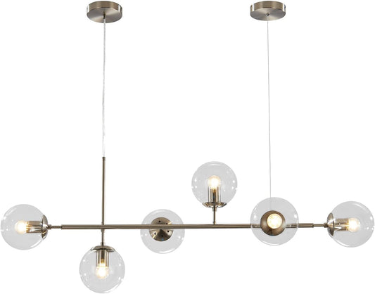 KCO Lighting 6 Light Bubble Glass Pendant Light Mid Century Modern Globe Sputnik Chandelier Linear Chandelier Lighting Brushed Nickel Hanging Light Fixture for Kitchen Island Dining Room