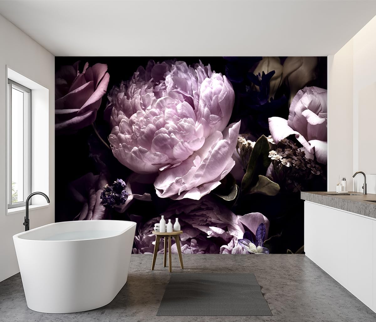 -Black Peony Purple Floral Botanical Fabric Wallpaper Living Room Bedroom Bathroom Dark Flowers Large Wall Mural- 183"x120"（ not Peel and Stick）