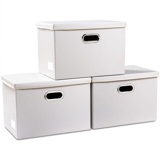 PRANDOM Large Stackable Storage Bins with Lids [3-Pack] Leather Fabric Foldable Storage Boxes Organizer Containers Baskets Cube with Cover for Bedroom Closet Office Nursery White (17.7x11.8x11.8)