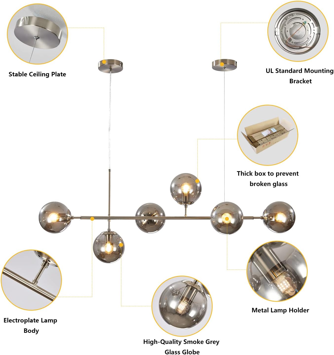 KCO Modern 6-Light Ceiling Pendant Lighting Mid-Century Glass Globes Sputnik Pendant Lamp Hanging Adjustable Chandelier for Kitchen Island Living Dining Room (Silver+Smoke Grey)