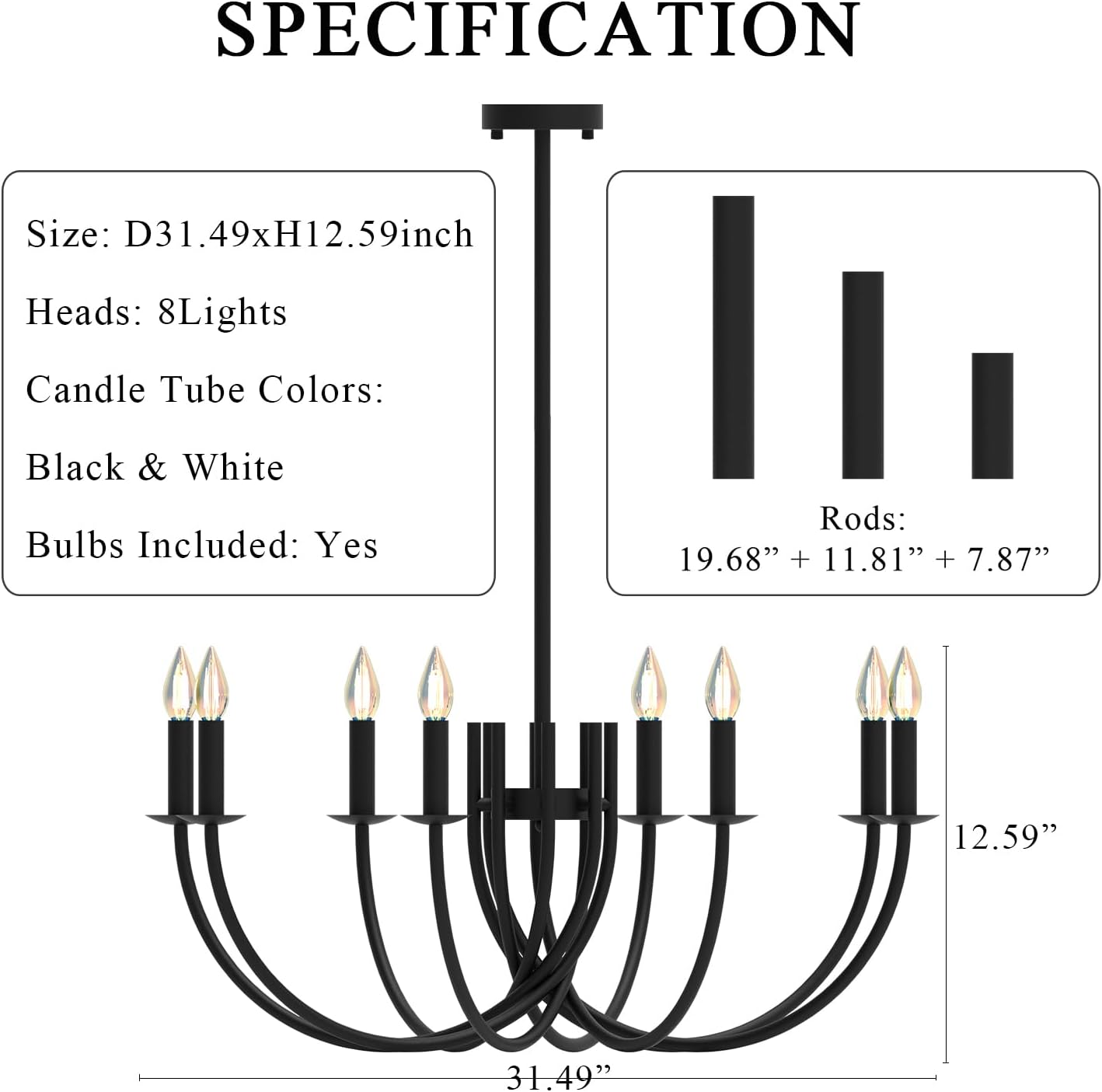 Large Black Chandeliers Light Fixture, Modern Candle Pendant Lighting, Round LED Hanging Lamp Ceiling for Bedroom Living Room Dining Room Kitchen Island Farmhouse (Black-C 8Lights)