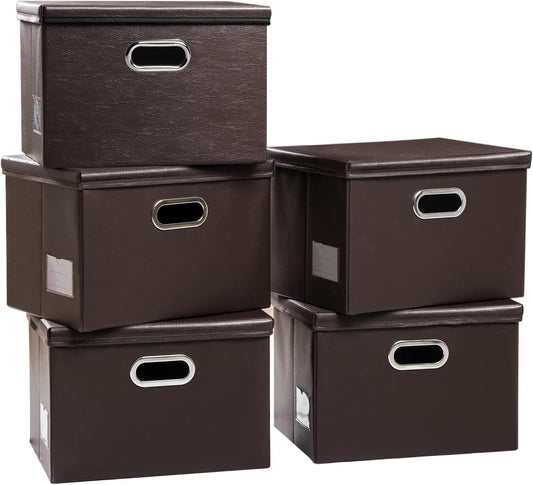 PRANDOM Large Stackable Storage Boxes with Lids [5-Pack] Leather Fabric Foldable Storage Bins Organizer Containers Baskets Cubes with Cover for Bedroom Closet Office Nursery Brown(17.7x11.8x11.8)