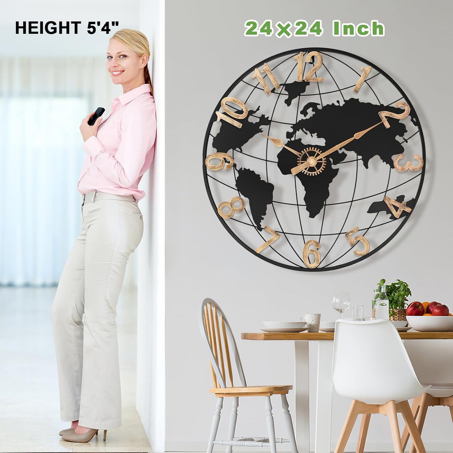 24 Inch Large Wall Clock for Living Room Decor,Big Modern Decorative Silent Metal World Map Wall Clock with Vintage Gold Arabic Numeral for Office,Living Room,Kitchen,Dining Room