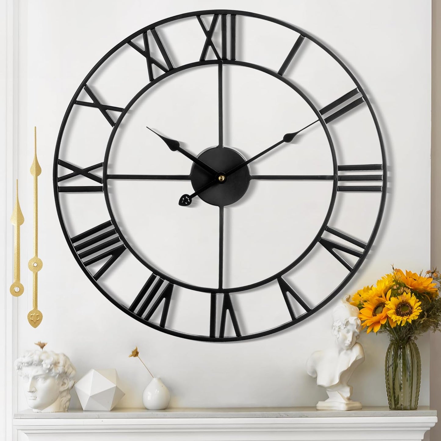 Large Wall Clock - 40cm/ 16 Inches Silent Non-Ticking Metal Wall Clock, Black, Vintage Modern Style, Battery Operated, Ideal for Living Room, Bedroom, Office, Farmhouse Decor
