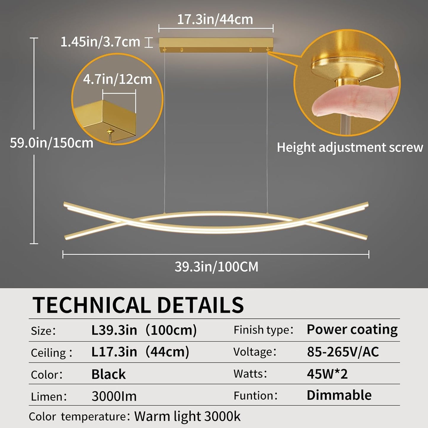Modern Chandelier, Linear Pendant Light LED Dimmable Hanging Light Fixture, 3000K-6000K with Remote Control (Gold, 47IN)