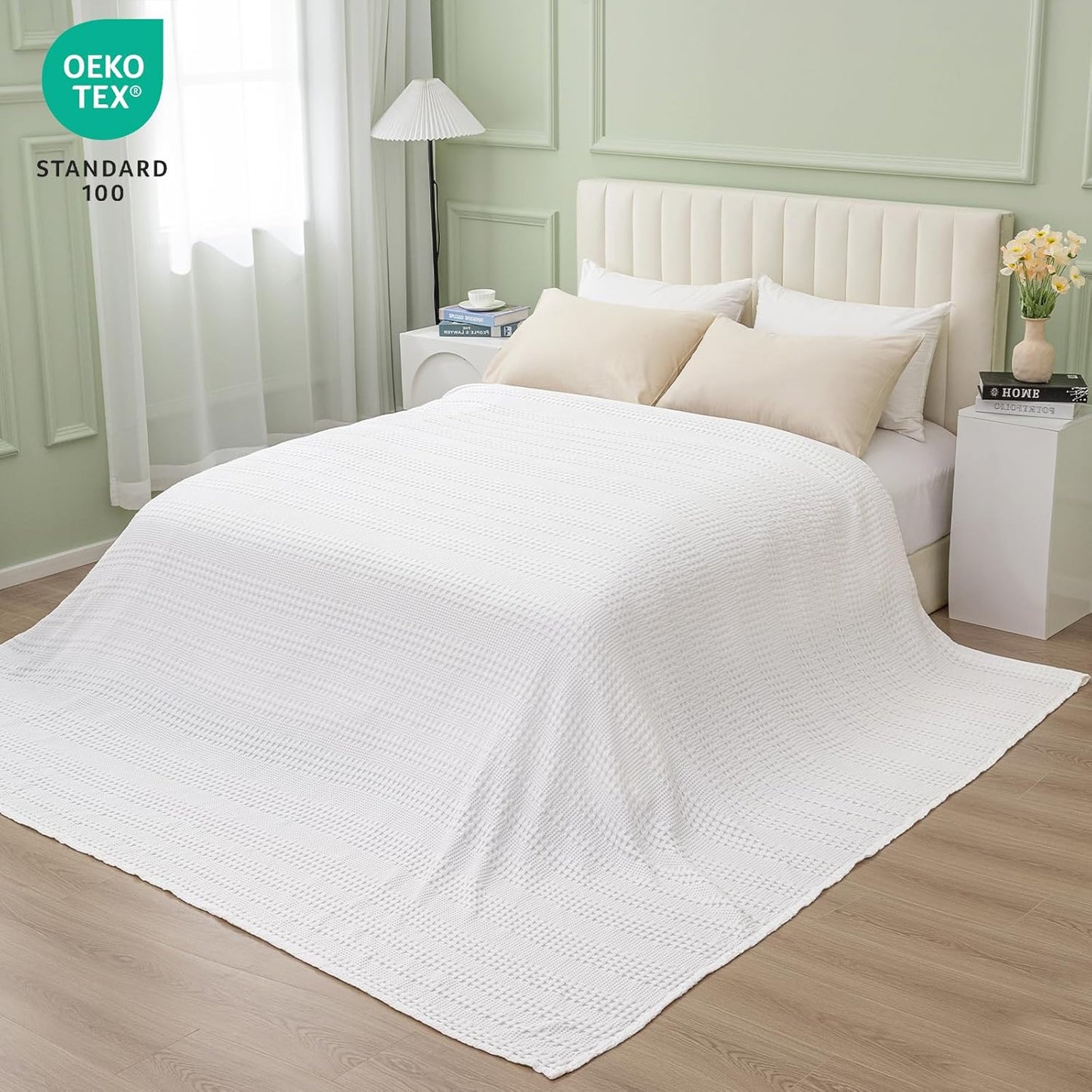 PHF Cooling Waffle Blanket California King Size, Lightweight 60% Rayon Derived from Bamboo & 40% Cotton Breathable Blanket for Hot Sleepers, Soft and Luxury for Bed Couch and Sofa, 110"x96", White