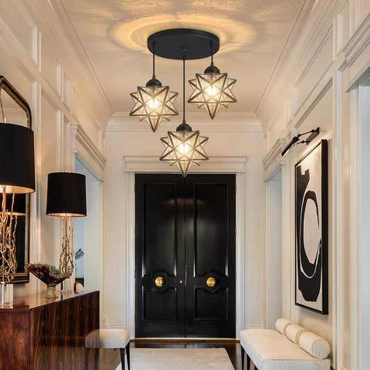 Farmhouse Glam Chandelier with Glass Star Pendants Light Fixture Elegant Ceiling Hanging Lights Included Warm Light Bulbs Black