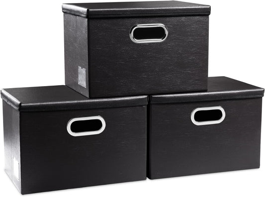 PRANDOM Collapsible Storage Bins with Lids [3-Pack] Leather Fabric Foldable Storage Boxes Organizer Containers Baskets Cube with Cover for Bedroom Closet Office Nursery Black (14.9x10.8x10)