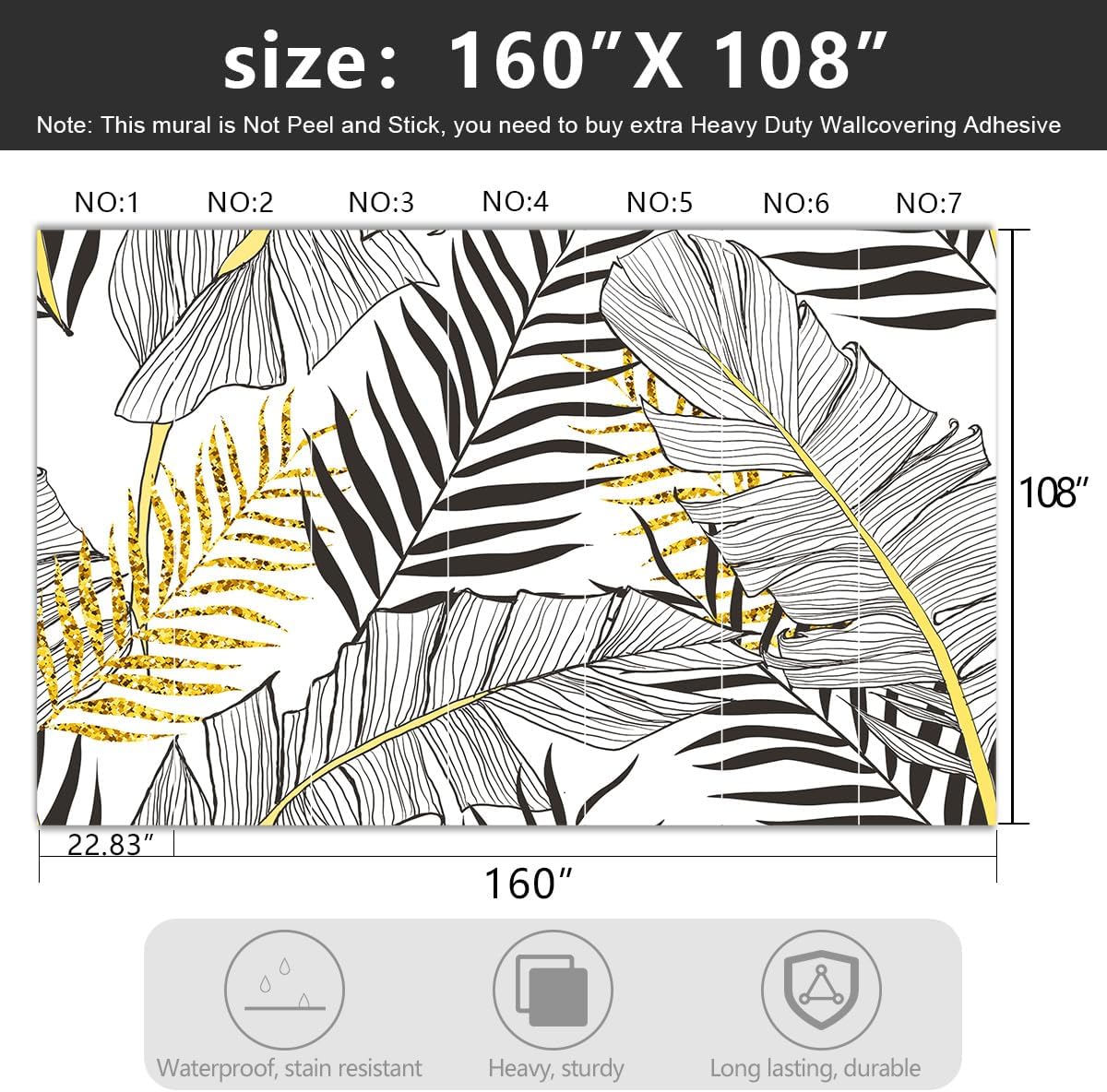 -Black and Gold Tropical Botanical Banana Leaf Fabric Wallpaper Living Room Bedroom Bathroom Abstract Plant Large Wall Mural- 160"x108"（ not Peel and Stick）