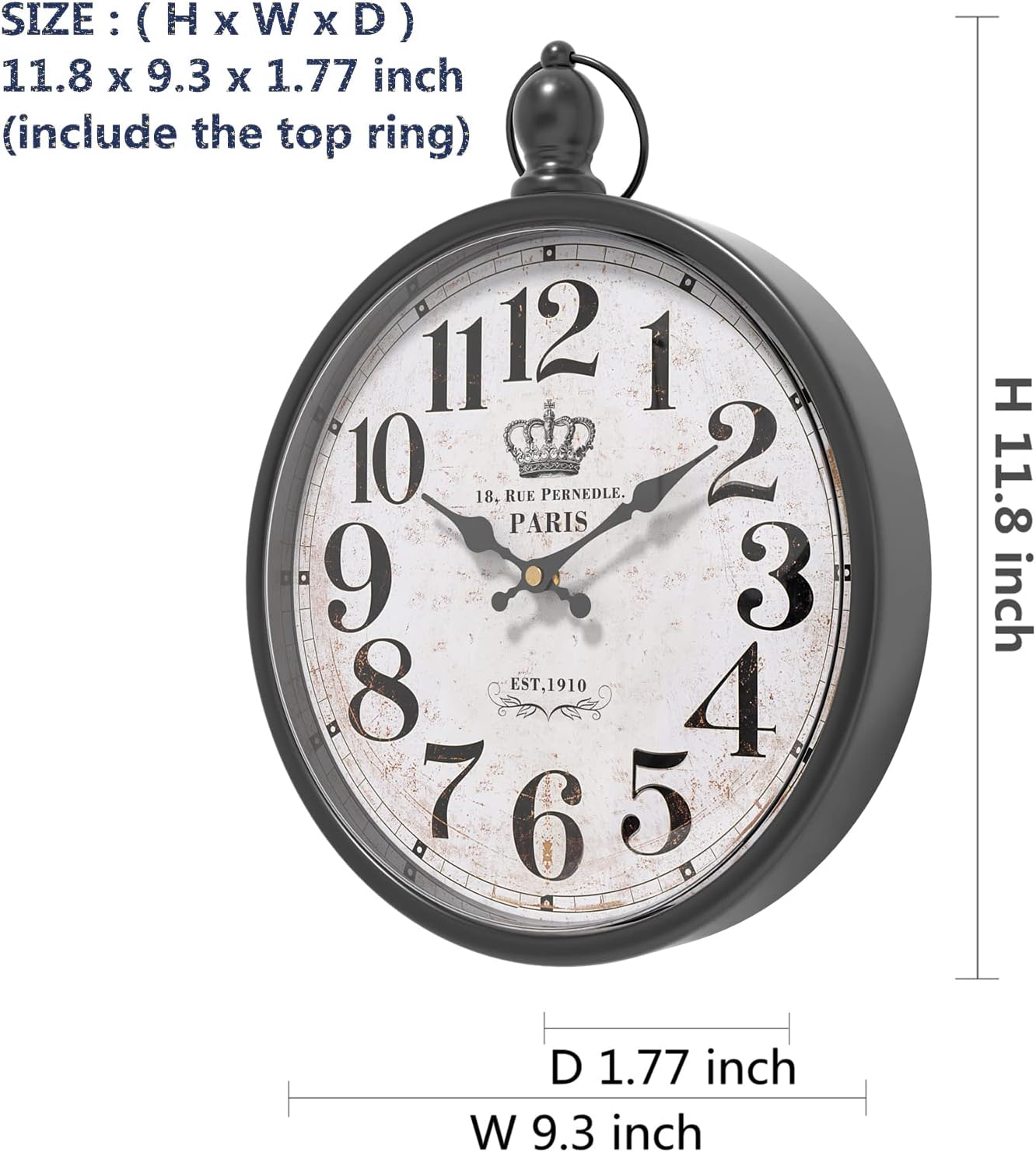 Menterry Retro Round Wall Clock. Black Vintage Antique Style Decor Wall Clocks for Kitchen,Farmhouse,Bedroom,Bathroom,Office, (11.8" H x 9.3" W)