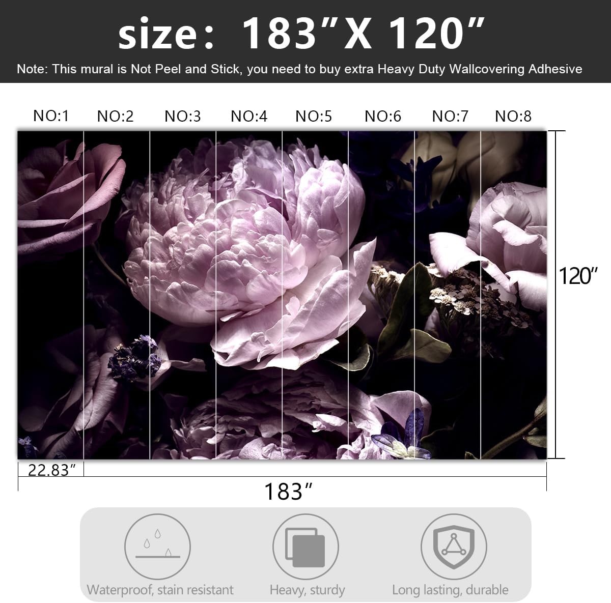 -Black Peony Purple Floral Botanical Fabric Wallpaper Living Room Bedroom Bathroom Dark Flowers Large Wall Mural- 183"x120"（ not Peel and Stick）