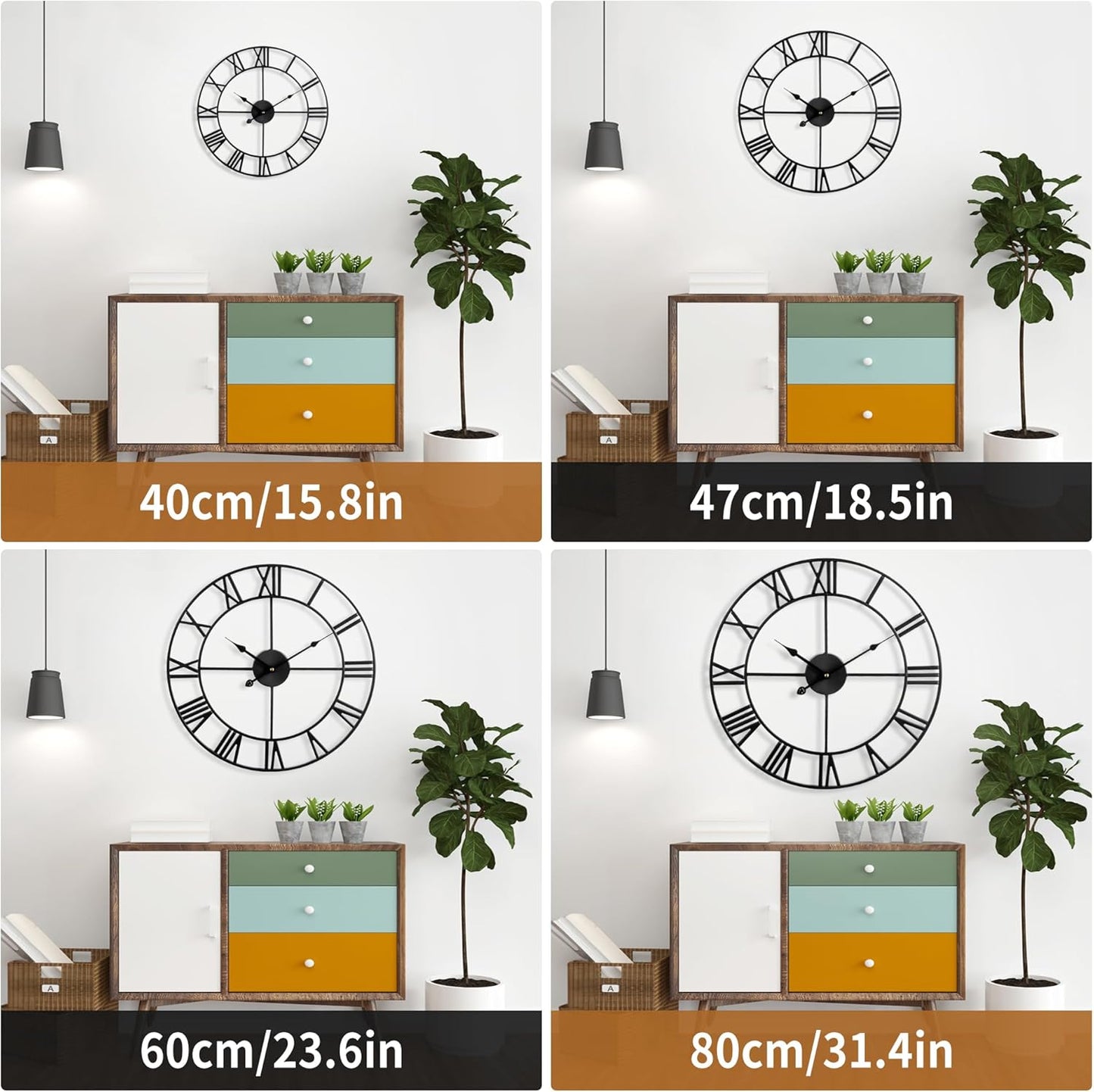 Large Wall Clock - 40cm/ 16 Inches Silent Non-Ticking Metal Wall Clock, Black, Vintage Modern Style, Battery Operated, Ideal for Living Room, Bedroom, Office, Farmhouse Decor