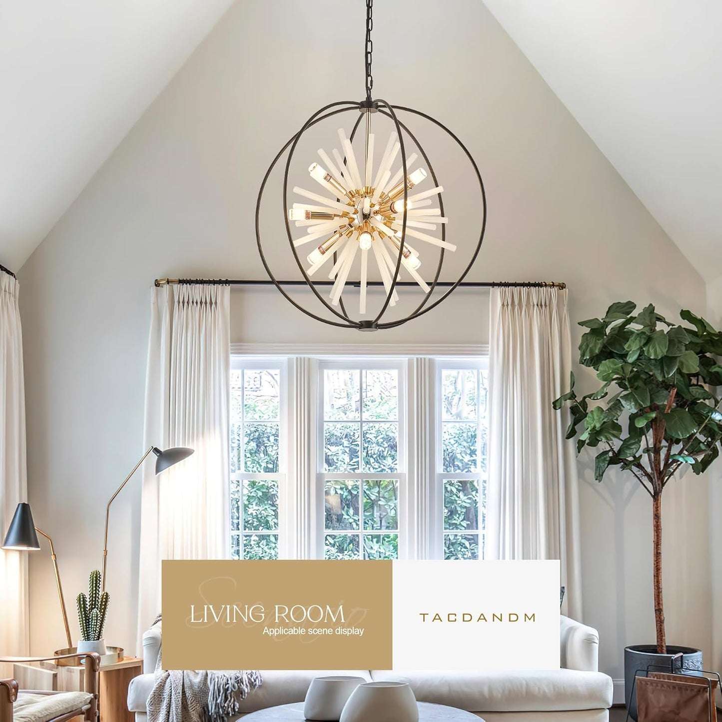 23.6" Black Gold 12-Light Globe Sputnik Chandelier Modern Adjustable Hanging Ceiling Glass Tube Pendant Light Fixture for Entryway Foyer Staircase Dining Living Room Hallway