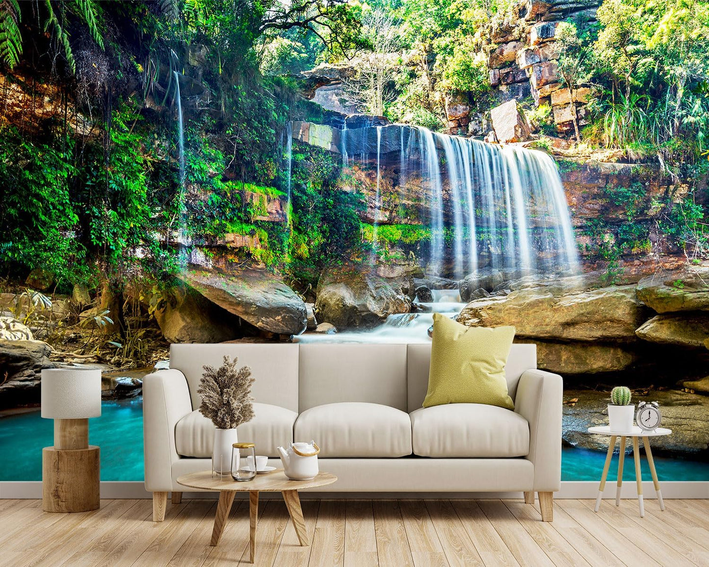 -Green Lake Waterfall Scenery Fabric Wallpaper Living Room Woodland Forest Mountain Bedroom Bathroom Large Wall Mural- 137"x96"（ not Peel and Stick）