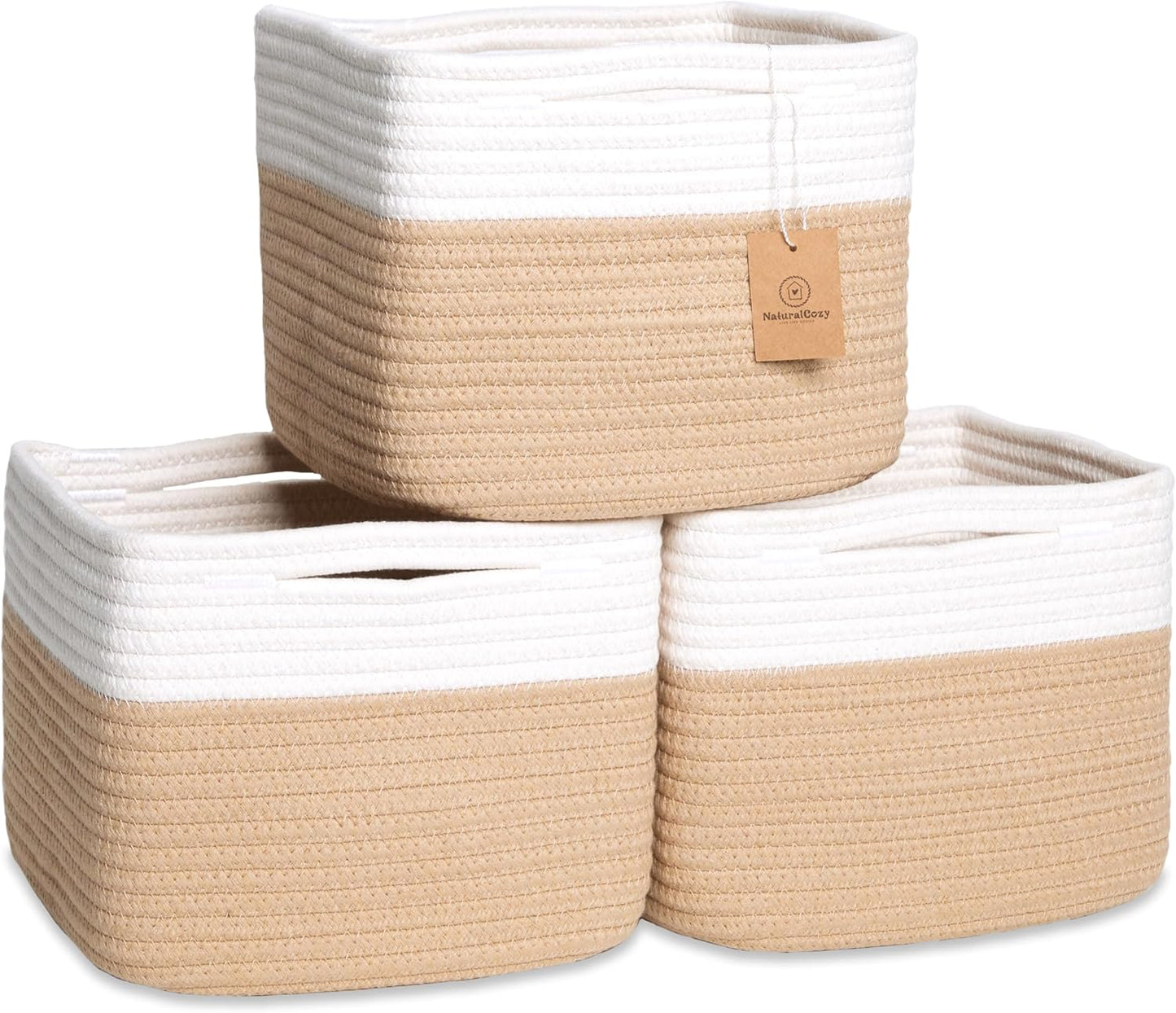 NaturalCozy Storage Cubes 9”x9”x7”Cotton Rope Woven Baskets for Organizing 3-Pack | 9 Inch Cube Storage Bin | Small Basket for Shelf Nursery, Pantry, Decorative Plant, Bathroom Closet, Toy Gift