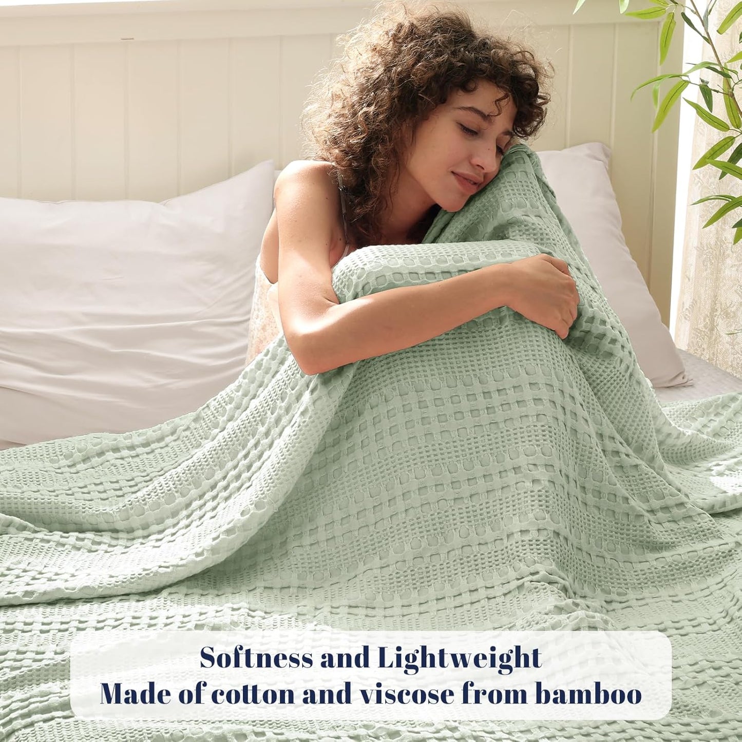 PHF Cooling Waffle Blanket King Size, Lightweight 60% Rayon Derived Bamboo & 40% Cotton Breathable Blanket for Hot Sleepers, Soft and Luxury for Bed Couch and Sofa, 104"x90", Mint