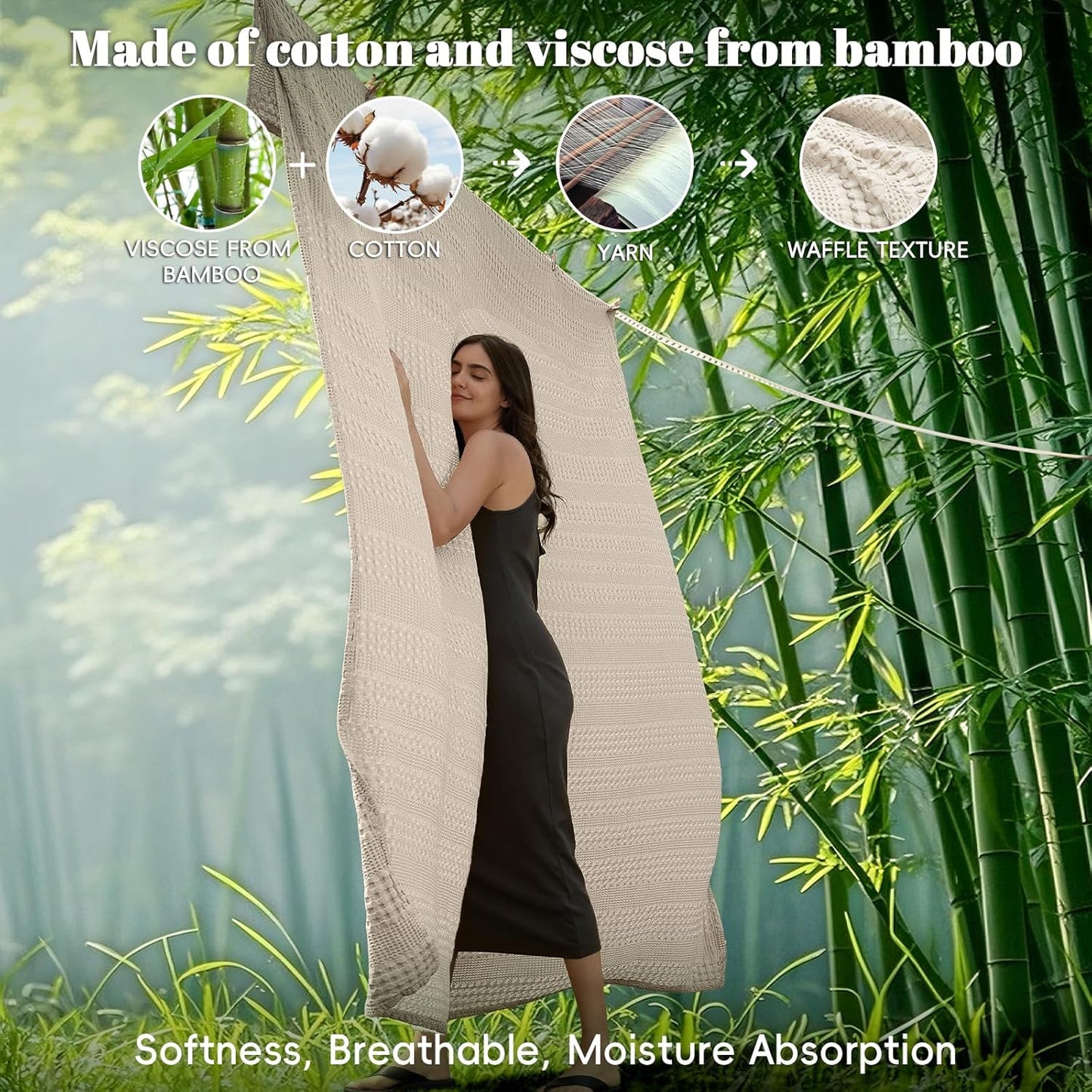 PHF Cooling Waffle Blanket Twin Size, Lightweight 60% Rayon Derived from Bamboo & 40% Cotton Breathable Blanket for Hot Sleepers, Soft and Luxury for Bed Couch and Sofa, 66"x90", Linen