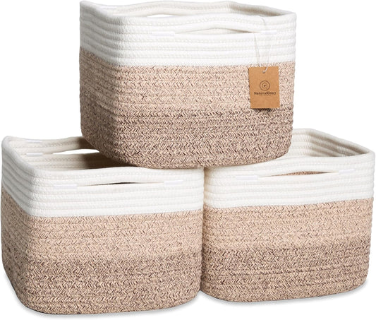 NaturalCozy Storage Cubes 9”x9”x7”Cotton Rope Woven Baskets for Organizing 3-Pack | 9 Inch Cube Storage Bin | Small Basket for Shelf Nursery, Pantry, Decorative Plant, Bathroom Closet, Toy Gift
